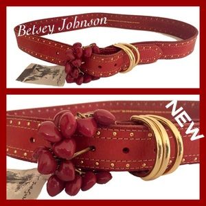 NEW BETSEY JOHNSON Red Stud Leather Belt Hearts M