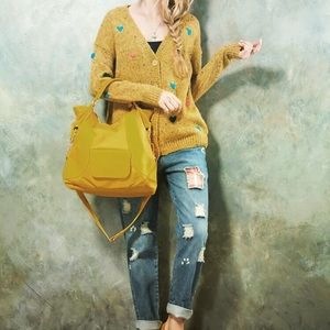 BRAND NEW Yellow woolen cardigan w/ colorful heart