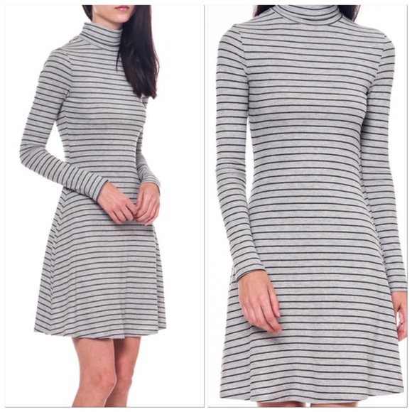 🆕Grey & Black Striped Ribbed Jersey Long Sleeve Fit & Flare Turtleneck Mini - Picture 1 of 5