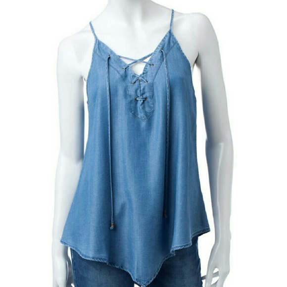 HeartSoul Tops - Heart Soul Chambray Lace Up Tank Top
