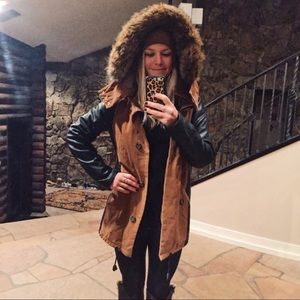 Pull & Bear Brown Coat w/ Leather & Fur Details