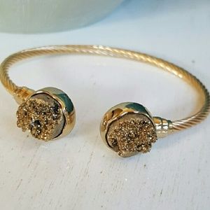Gold Druzy Bangle Bracelet Sparkly Adjustable