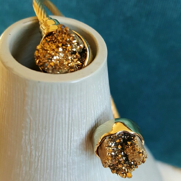 Gold Druzy Bangle Bracelet Sparkly Adjustable - Picture 2 of 4