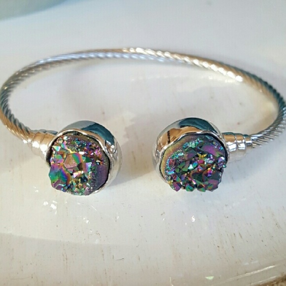 Rainbow peacock druzy silver Bangle Bracelet - Picture 2 of 3