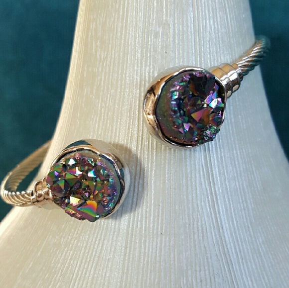 Rainbow peacock druzy silver Bangle Bracelet - Picture 3 of 3