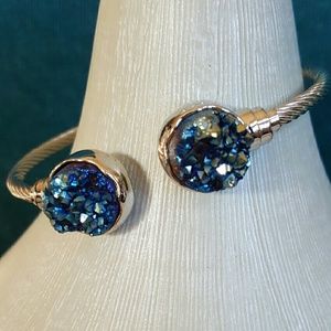 Blue Druzy Bangle Bracelet Sparkly silver metal