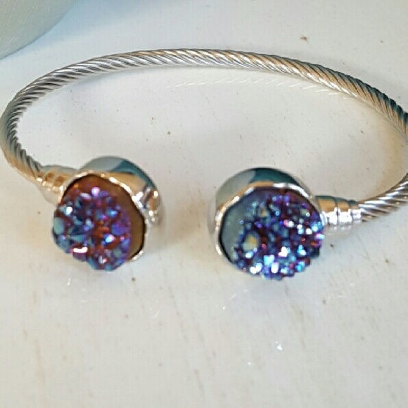 Purple blue Druzy Bangle bracelet silver metal - Picture 2 of 4