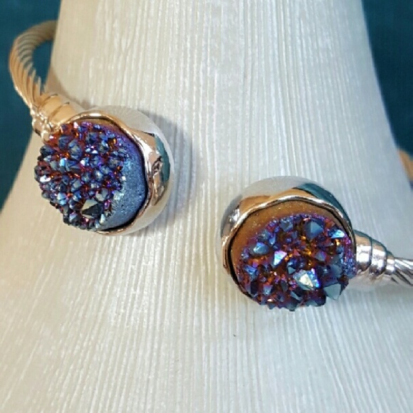 Purple blue Druzy Bangle bracelet silver metal - Picture 4 of 4
