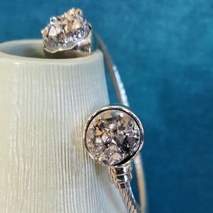 Silver Druzy Bangle Bracelet Sparkly Adjustable