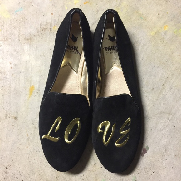 Faryl Shoes - Faryl black velvety Flats w/gold "Love" embroidery