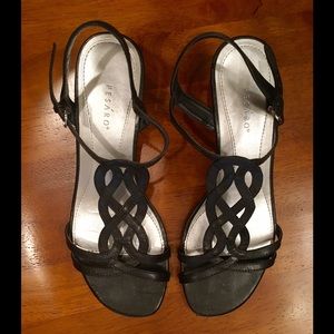Black leather sandals, small wedge. Good condition