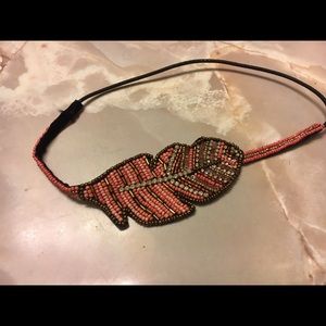 Feather Coral Gold Beaded Head band