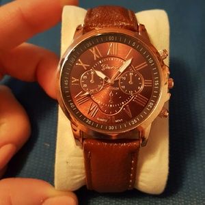 Geneva ladies watch brown leather belt gold bezel