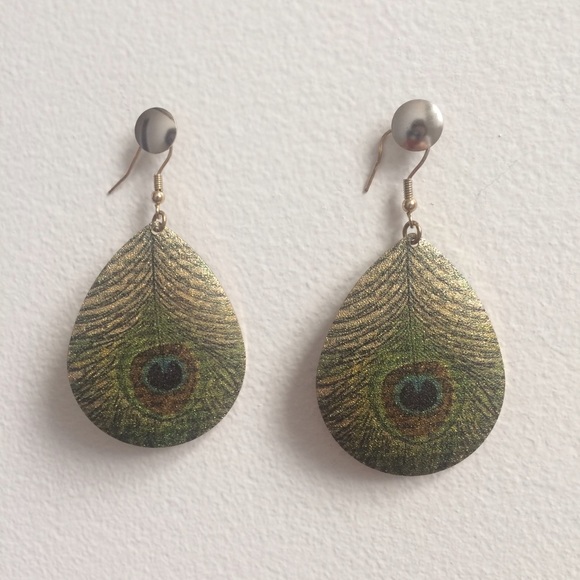 Gold Peacock Feather Disk Drop Earrings