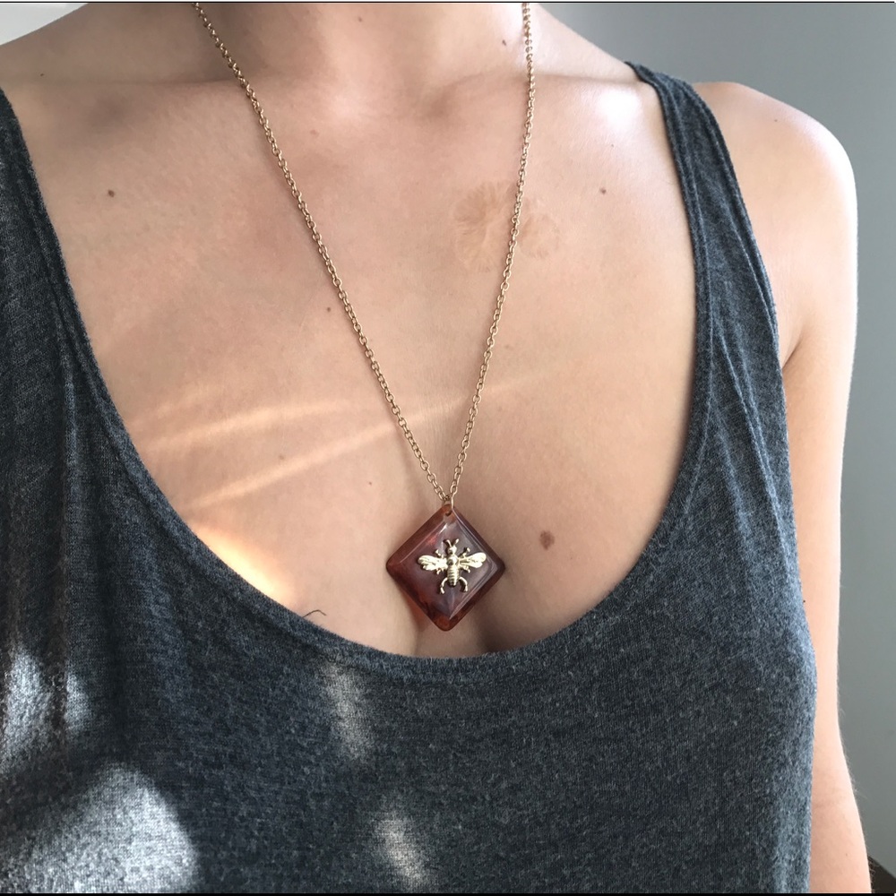 Gold Necklace with Tortoise Shell Bee Pendant