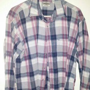 Gray, blue and pink long sleeve flannel