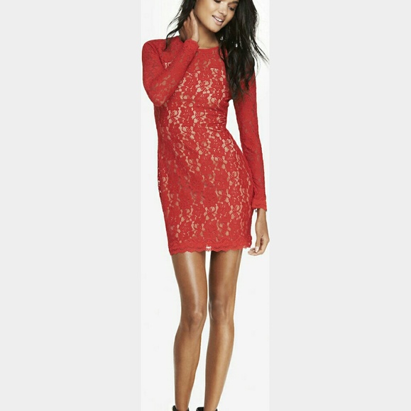 Express red lace illusion backless dress
