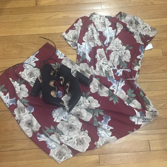 Wine colored, Floral, wrap, maxi dress