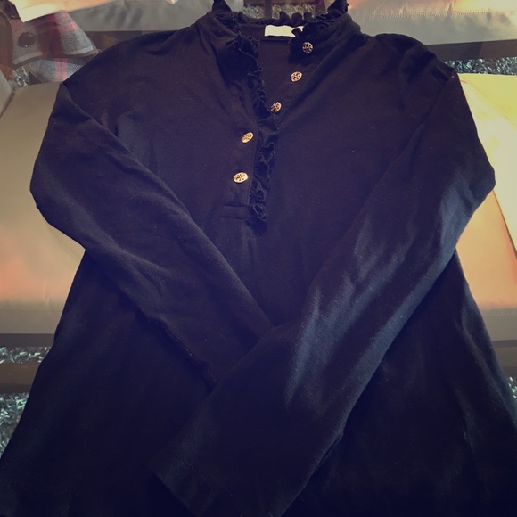 Black & Gold Long Sleeved Ruffle Top by Tory Burch