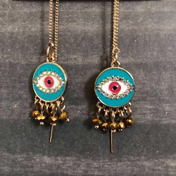 Betsey Johnson Peacock Linear Eye Thread Earrings - Picture 2 of 4