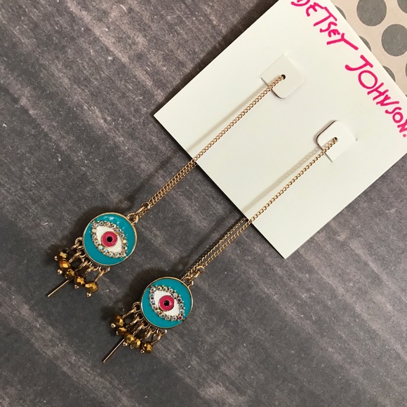 Betsey Johnson Peacock Linear Eye Thread Earrings - Picture 4 of 4