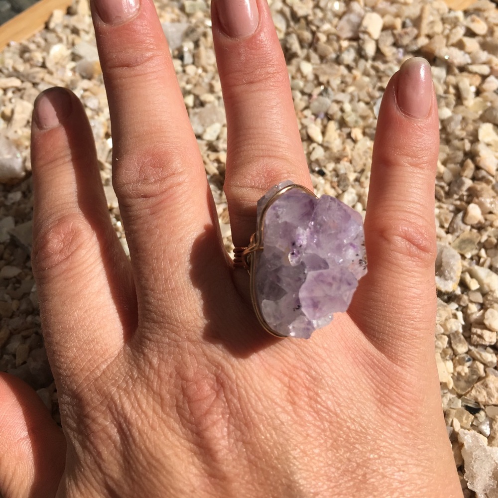 Handmade amethyst Crystal and gold ring size 8
