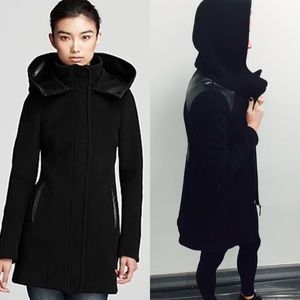 Mackage hooded wool coat with leather detail