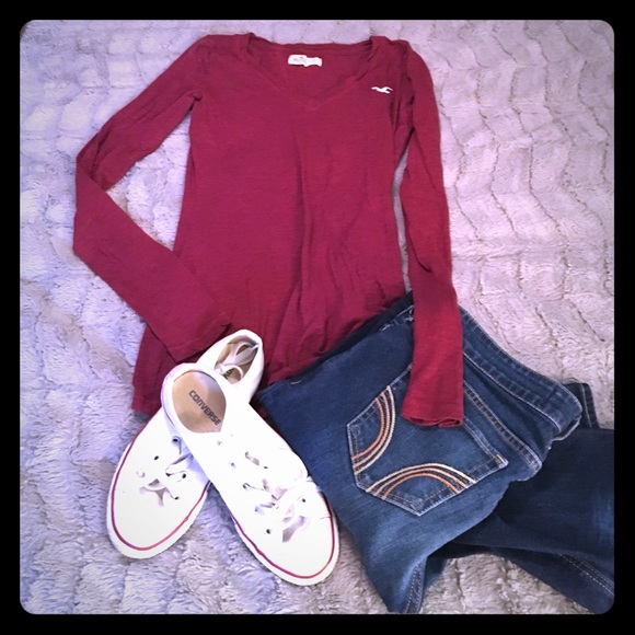 Hollister Tops - Maroon, Long Sleeve, V-Neck, Hollister Ter