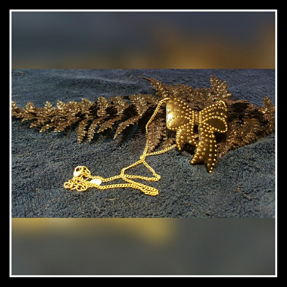 Black Studded Bow Necklace 18"L