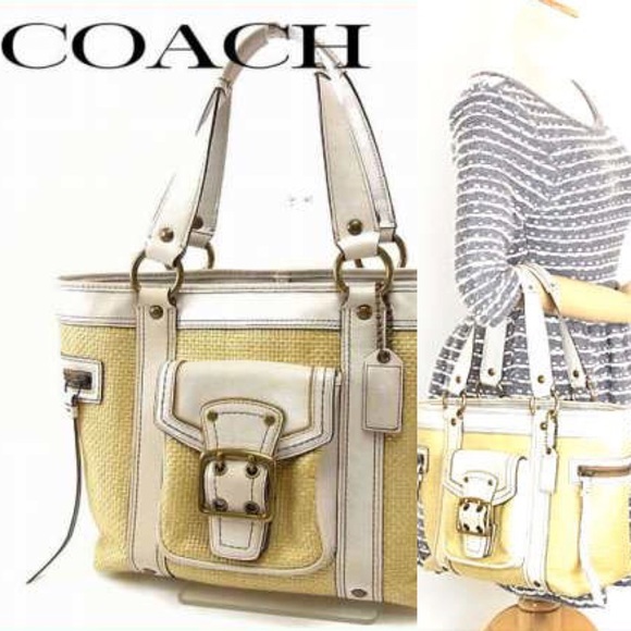 White and straw Coach bucket purse.