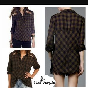 Free People 'plaid lace up buttondown' Small