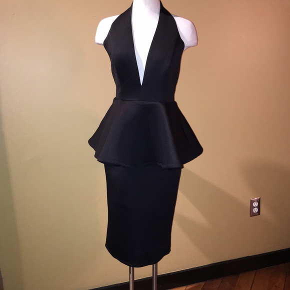 Black halter dress with peplum skirt