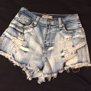 Distressed high waisted denim shorts