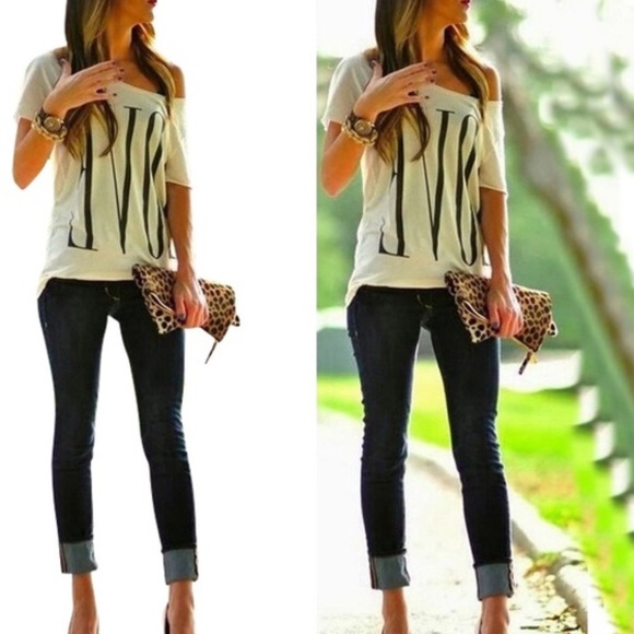 White Off Shoulder T-Shirt - Picture 2 of 2