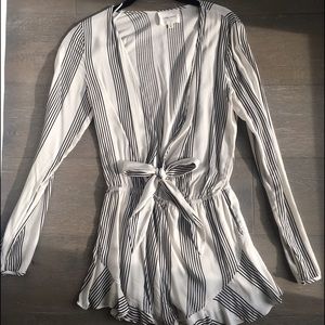 Striped low V Ruffle tie romper
