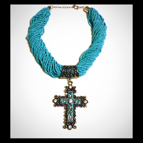 Turquoise beads & cross necklace turquoise cross. - Picture 1 of 3