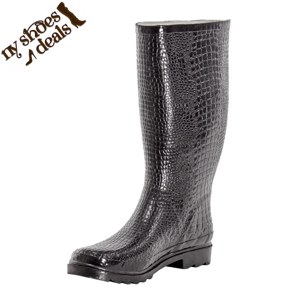 Women's Black Croco Rubber Rainboots RB1415 - Picture 1 of 4