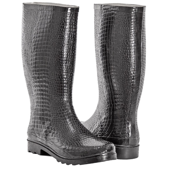 Women's Black Croco Rubber Rainboots RB1415 - Picture 2 of 4