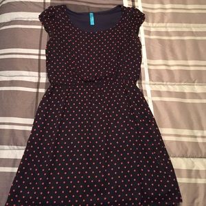 Navy dress with small red polka dots