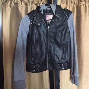 Black leather and grey sweater sleeve jacket