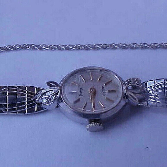 Antique 14k white  gold diamond Belair watch