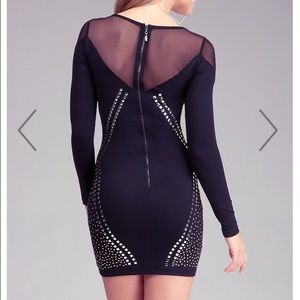 Bebe studded silver lace shoulder bodycon dress