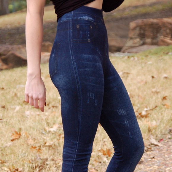Premium Knit Highwaist Destroyed Denim Leggings - Picture 3 of 4