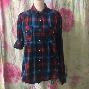 Red and blue button up