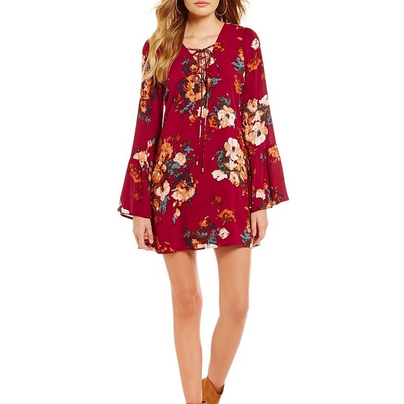 Blu Pepper Floral Lace Up Bell Sleeve Sheath Dress