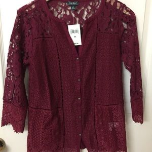 Dark red boho lace Lucky Brand 3/4 sleeve top