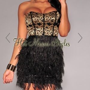 Party dress, Gold & Black w/ Faux Feathers