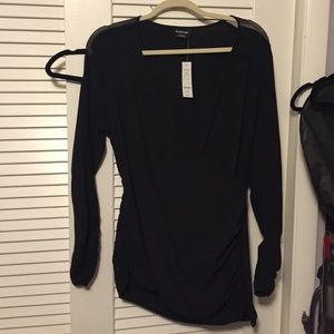 Bebe black tunic blouse with sheer stripes on arms