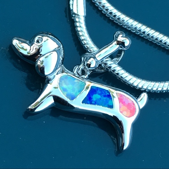Sterling silver plt & opal 🐶 dog, bone and chain - Picture 2 of 8