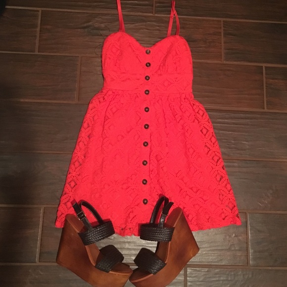 Beautiful coral lace button up dress